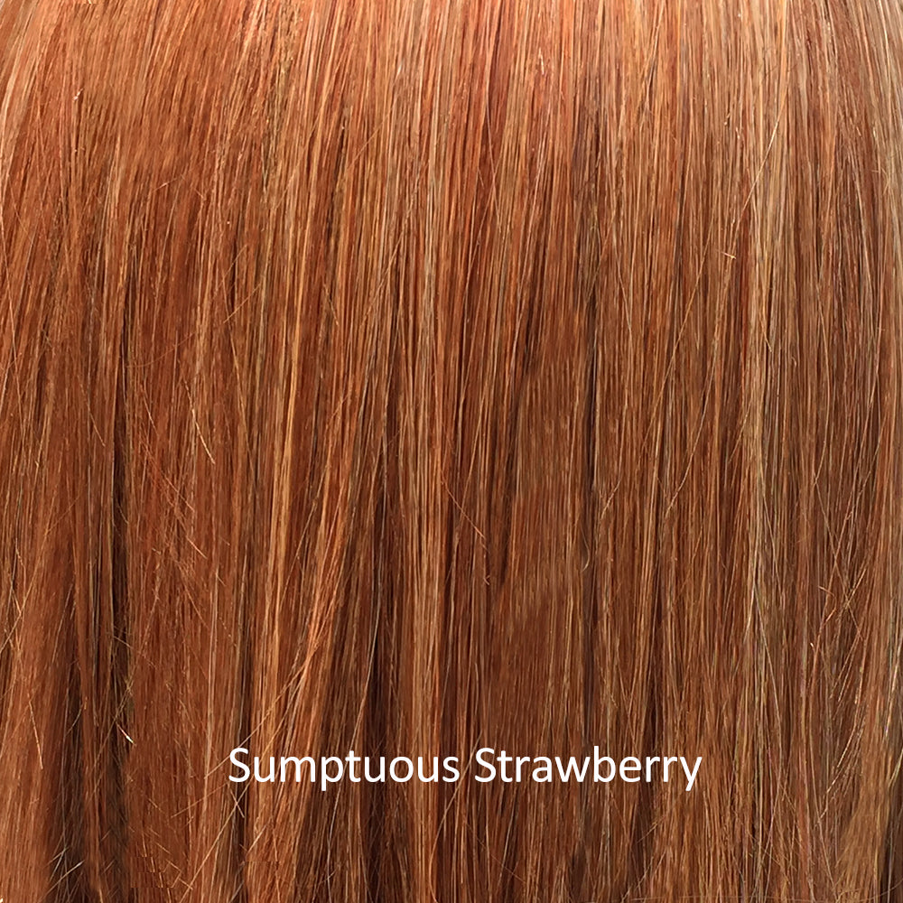 BelleTress Wigs | Sumptuous Strawberry | a hybrid of pure red, strawberry blonde, hint of paprika, and honey with some copper undertone with medium brown root colors, and honey blonde hues